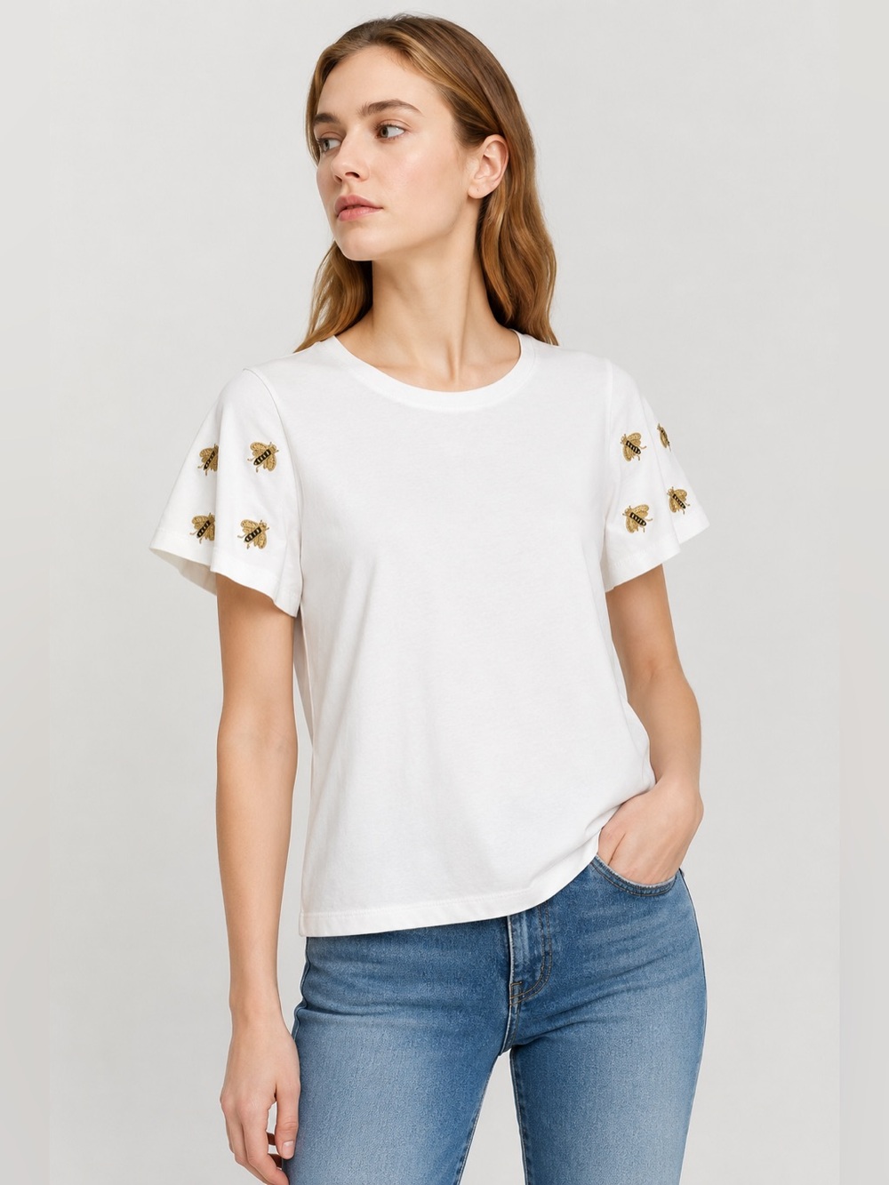 Maje Tigri Bee Embroidered Cotton Tee in Ecru – Size 1 / US Small / Size 4